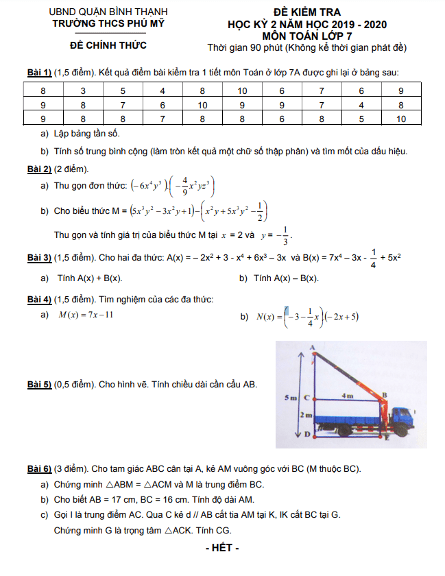 Đề kiểm tra học kì 2 (HK2) lớp 7 môn Toán năm 2019 2020 trường THCS Phú Mỹ TP HCM