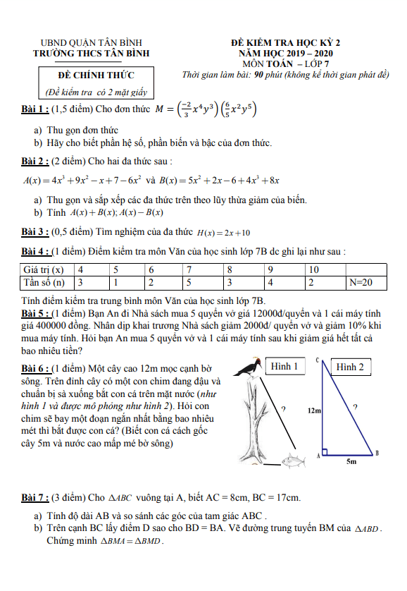 Đề kiểm tra học kì 2 (HK2) lớp 7 môn Toán năm 2019 2020 trường THCS Tân Bình TP HCM