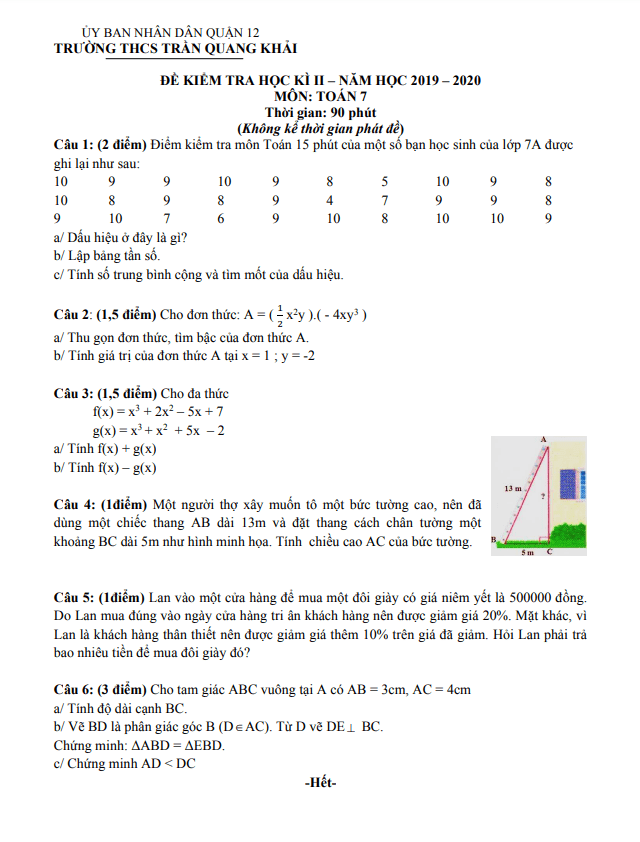 Đề kiểm tra học kì 2 (HK2) lớp 7 môn Toán năm 2019 2020 trường THCS Trần Quang Khải TP HCM