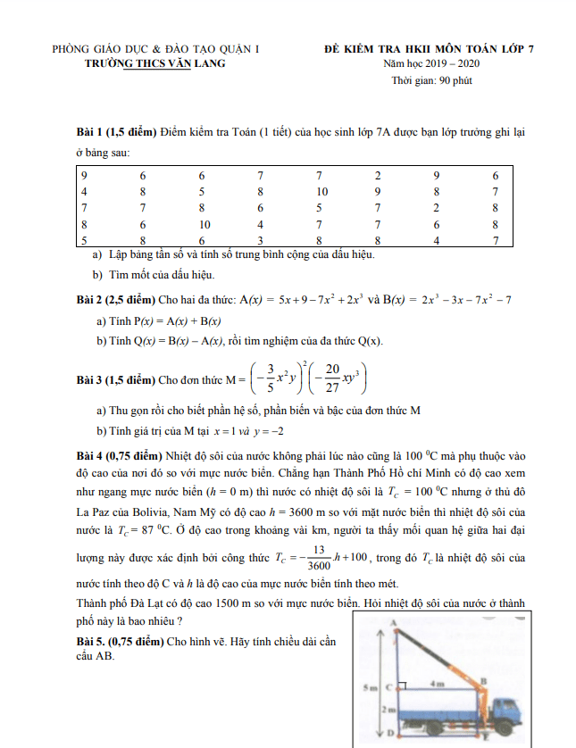 Đề kiểm tra học kì 2 (HK2) lớp 7 môn Toán năm 2019 2020 trường THCS Văn Lang TP HCM