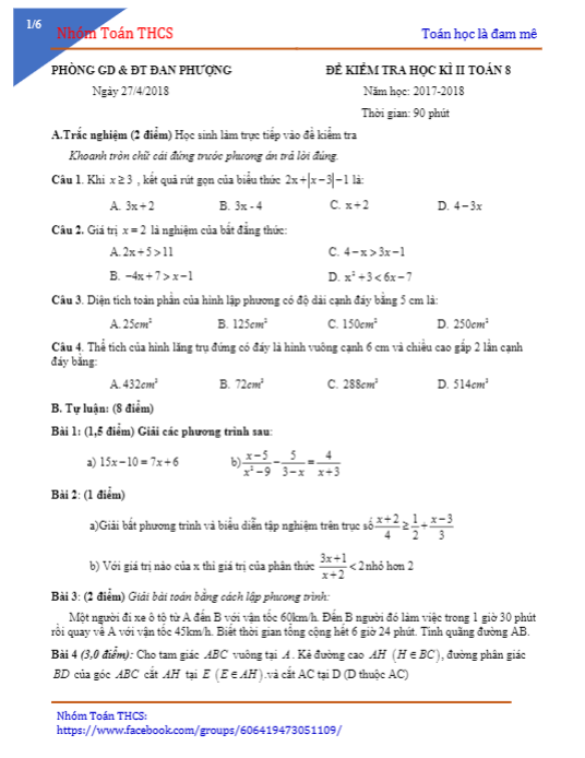 Đề kiểm tra học kì 2 (HK2) lớp 8 môn Toán năm 2017 2018 phòng GD và ĐT Đan Phượng Hà Nội