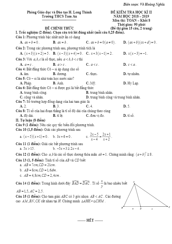 Đề kiểm tra học kì 2 (HK2) lớp 8 môn Toán năm 2018 2019 trường THCS Tam An Đồng Nai