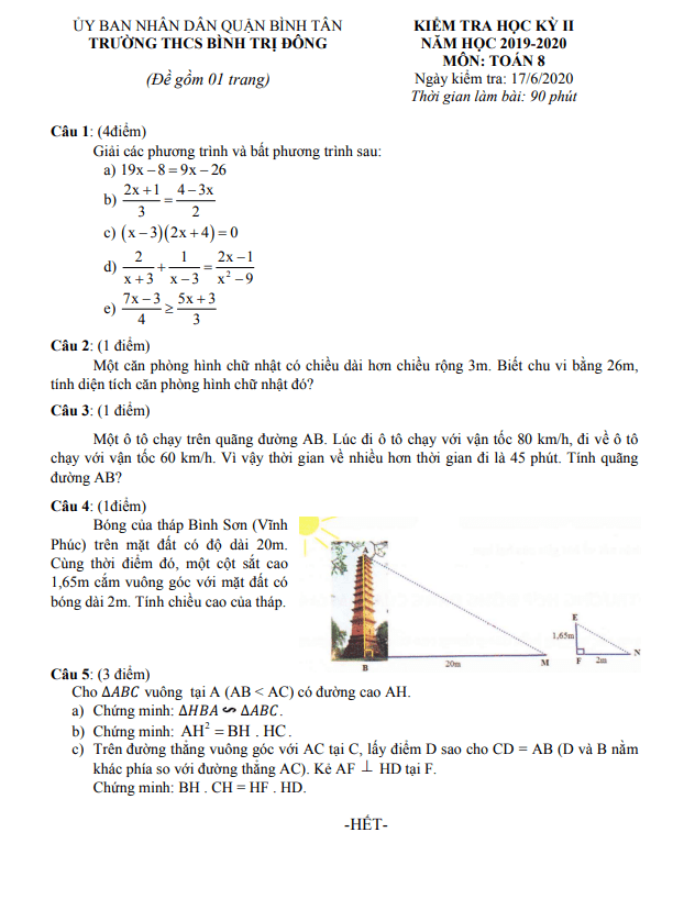 Đề kiểm tra học kì 2 (HK2) lớp 8 môn Toán năm 2019 2020 trường THCS Bình Trị Đông TP HCM