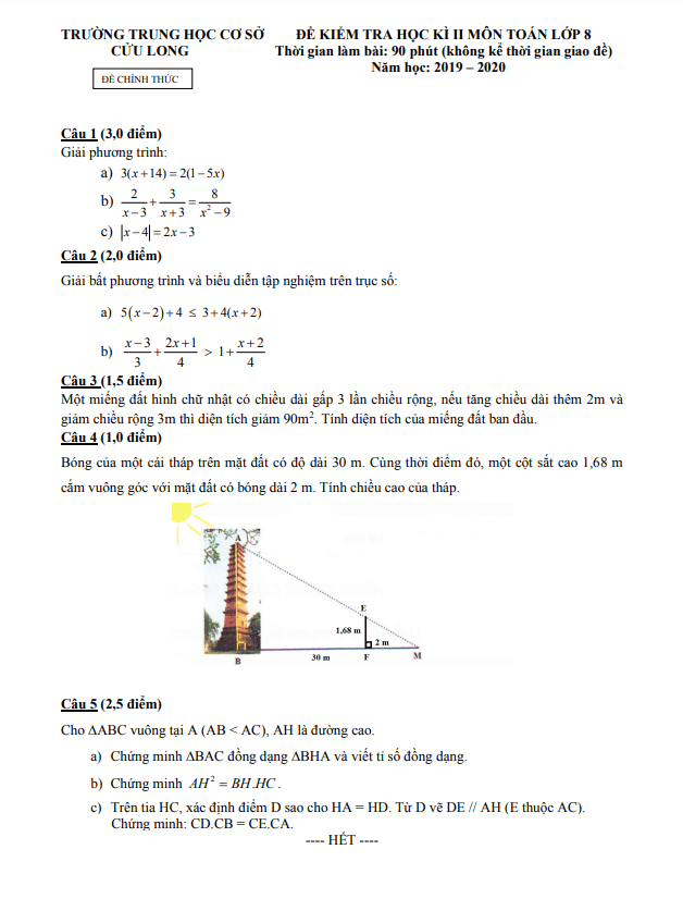 Đề kiểm tra học kì 2 (HK2) lớp 8 môn Toán năm 2019 2020 trường THCS Cửu Long TP HCM