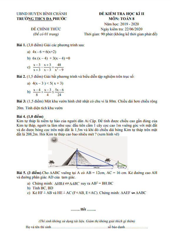 Đề kiểm tra học kì 2 (HK2) lớp 8 môn Toán năm 2019 2020 trường THCS Đa Phước TP HCM