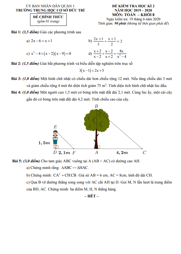 Đề kiểm tra học kì 2 (HK2) lớp 8 môn Toán năm 2019 2020 trường THCS Đức Trí TP HCM