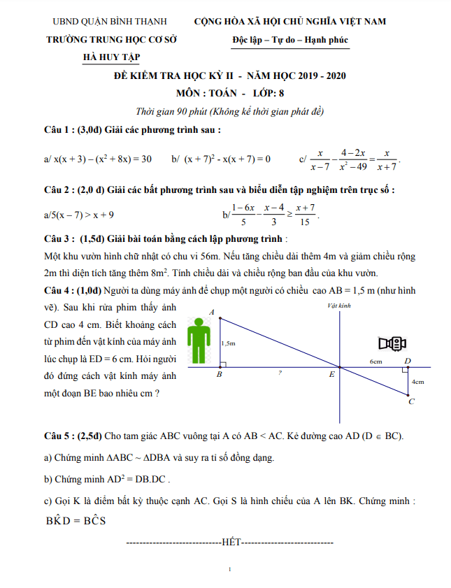 Đề kiểm tra học kì 2 (HK2) lớp 8 môn Toán năm 2019 2020 trường THCS Hà Huy Tập TP HCM