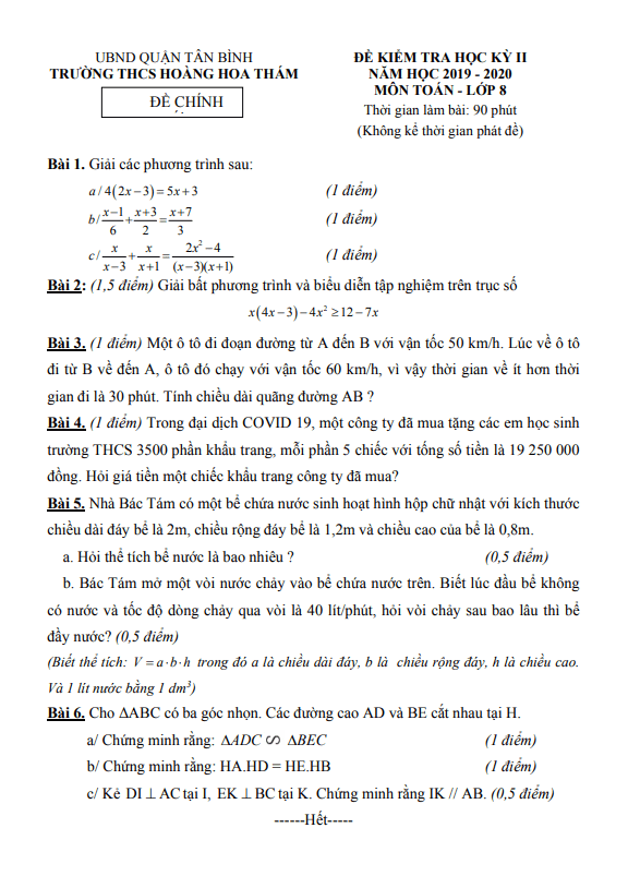 Đề kiểm tra học kì 2 (HK2) lớp 8 môn Toán năm 2019 2020 trường THCS Hoàng Hoa Thám TP HCM
