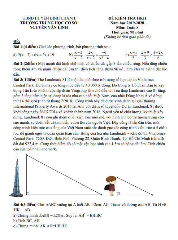 Đề kiểm tra học kì 2 (HK2) lớp 8 môn Toán năm 2019 2020 trường THCS Nguyễn Văn Linh TP HCM
