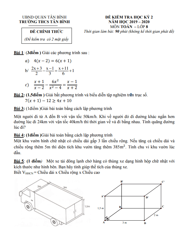 Đề kiểm tra học kì 2 (HK2) lớp 8 môn Toán năm 2019 2020 trường THCS Tân Bình TP HCM