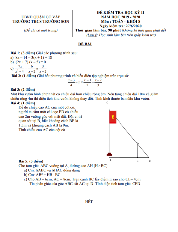 Đề kiểm tra học kì 2 (HK2) lớp 8 môn Toán năm 2019 2020 trường THCS Trường Sơn TP HCM