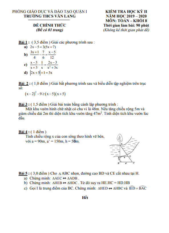 Đề kiểm tra học kì 2 (HK2) lớp 8 môn Toán năm 2019 2020 trường THCS Văn Lang TP HCM