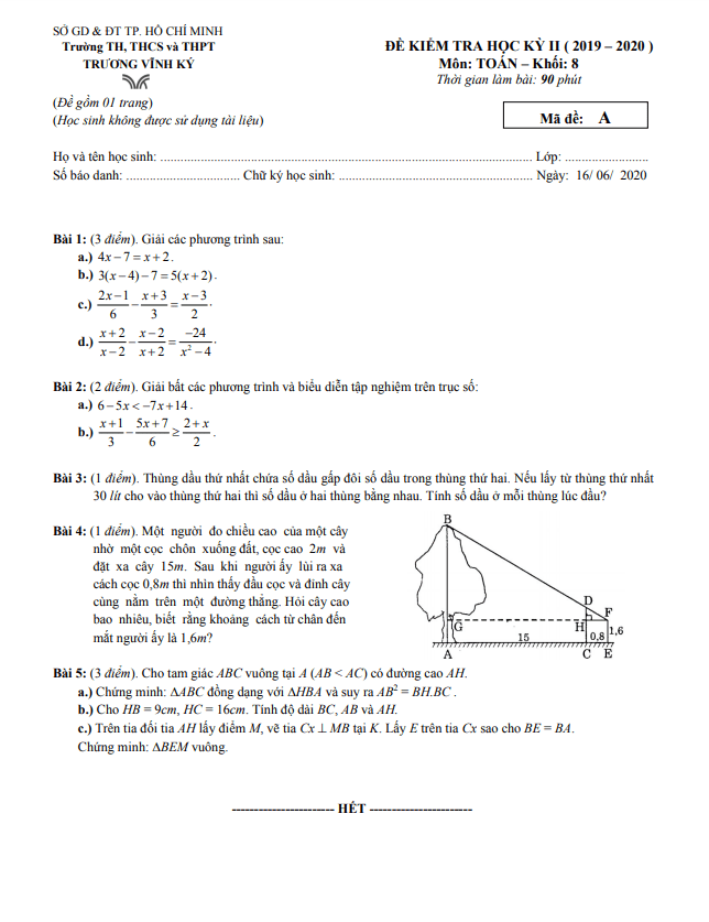 Đề kiểm tra học kì 2 (HK2) lớp 8 môn Toán năm 2019 2020 trường Trương Vĩnh Ký TP HCM