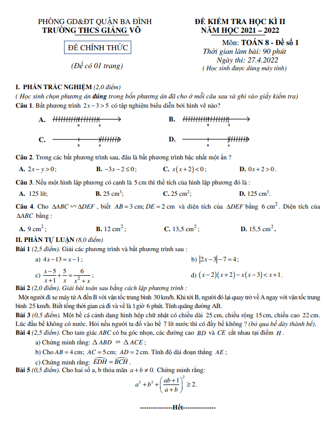 Đề kiểm tra học kì 2 (HK2) lớp 8 môn Toán năm 2021 2022 trường THCS Giảng Võ Hà Nội