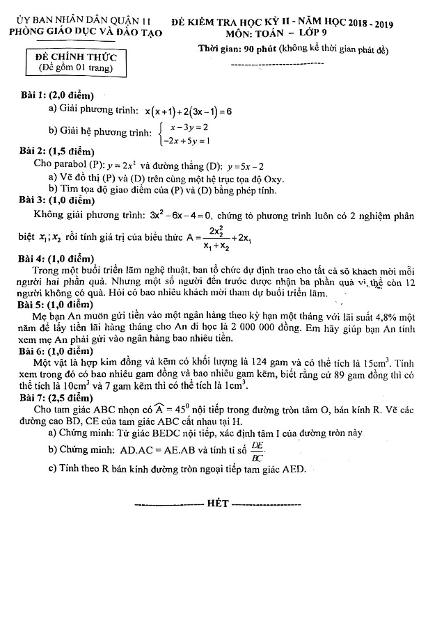 Đề kiểm tra học kì 2 (HK2) lớp 9 môn Toán năm 2018 2019 phòng GD ĐT Quận 11 TP HCM
