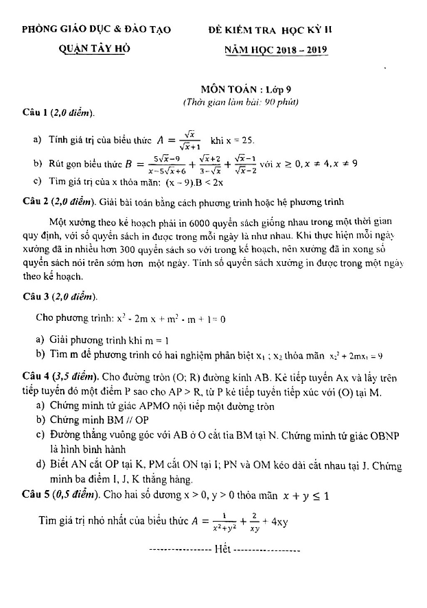 Đề kiểm tra học kì 2 (HK2) lớp 9 môn Toán năm 2018 2019 phòng GD ĐT Tây Hồ Hà Nội