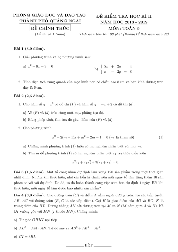 Đề kiểm tra học kì 2 (HK2) lớp 9 môn Toán năm 2018 2019 phòng GD ĐT TP Quảng Ngãi