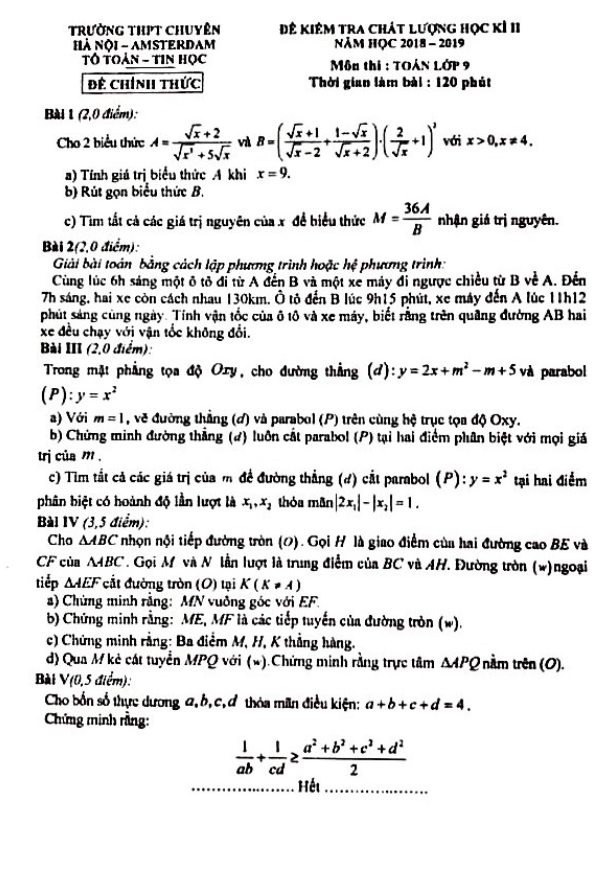 Đề kiểm tra học kì 2 (HK2) lớp 9 môn Toán năm 2018 – 2019 trường chuyên Hà Nội – Amsterdam