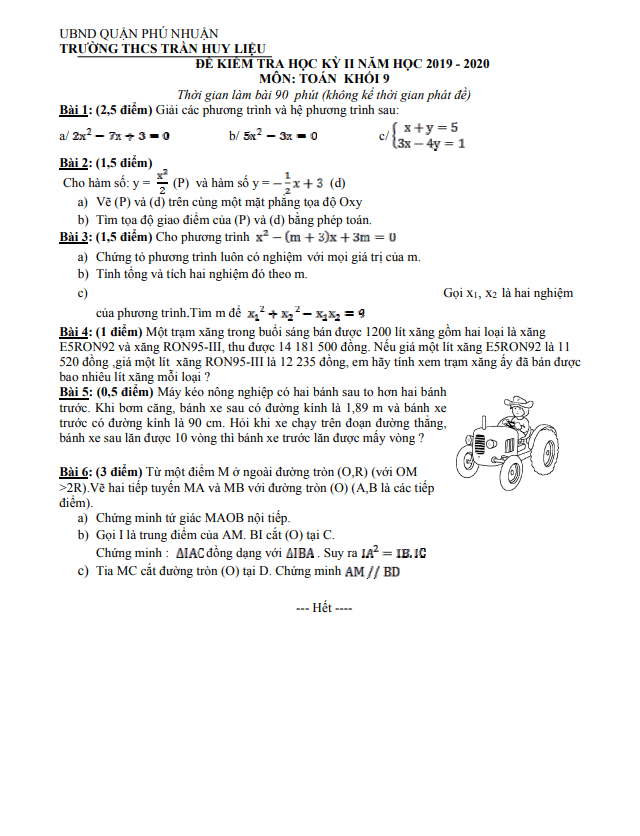 Đề kiểm tra học kì 2 (HK2) lớp 9 môn Toán năm 2019 2020 trường THCS Trần Huy Liệu TP HCM