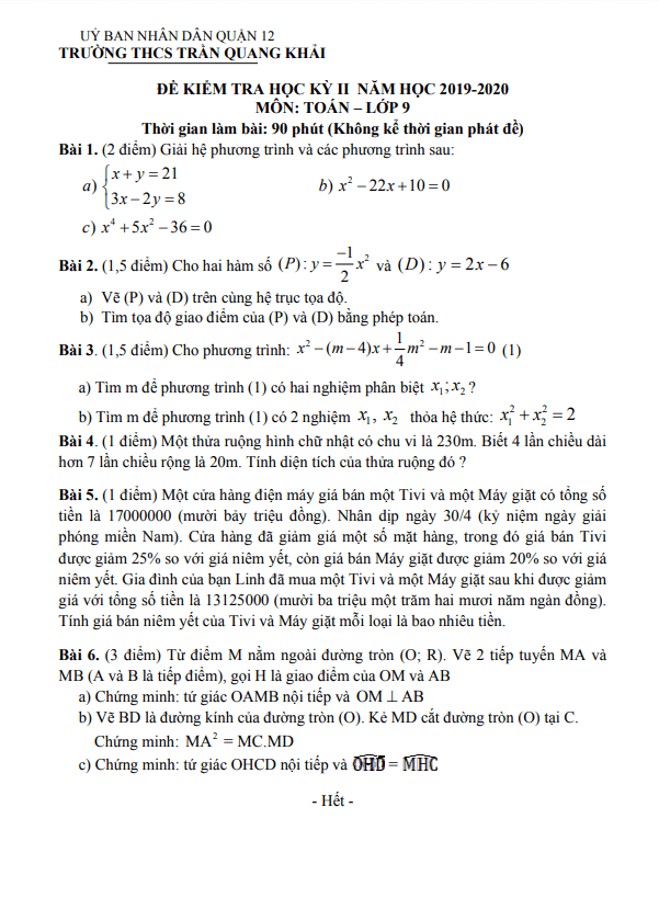 Đề kiểm tra học kì 2 (HK2) lớp 9 môn Toán năm 2019 2020 trường THCS Trần Quang Khải TP HCM