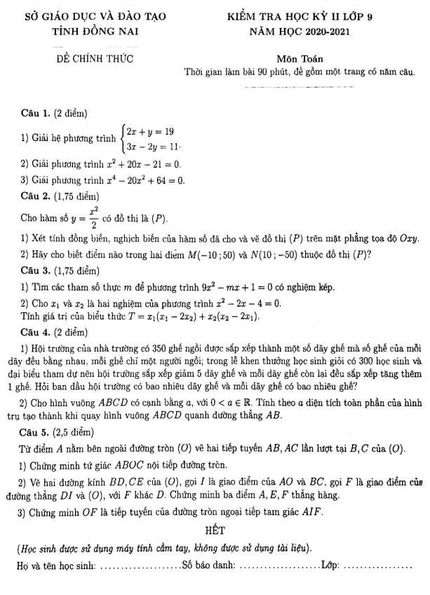 Đề kiểm tra học kì 2 (HK2) lớp 9 môn Toán năm 2020 2021 sở GD ĐT tỉnh Đồng Nai