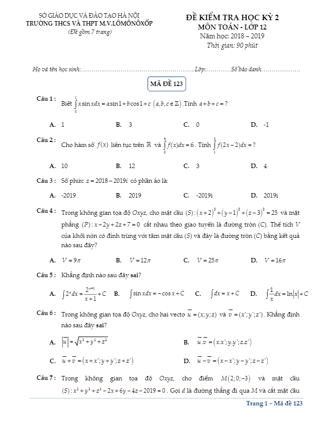 Đề kiểm tra học kì 2 (HK2) Toán 12 năm 2018 2019 trường M.V Lômônôxốp – Hà Nội