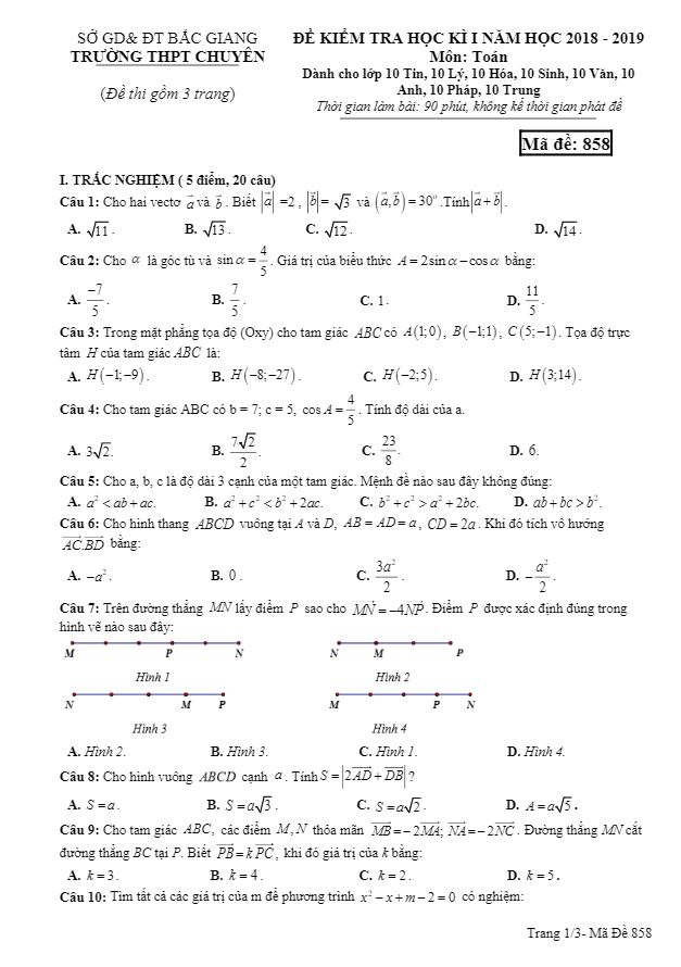 Đề kiểm tra học kỳ I lớp 10 môn Toán năm 2018 2019 trường THPT chuyên Bắc Giang