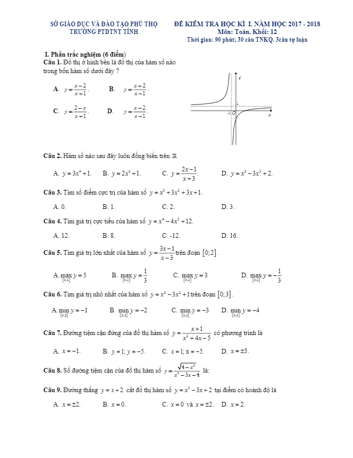 Đề kiểm tra học kỳ I lớp 12 môn Toán năm học 2017 2018 trường PTDTNT tỉnh Phú Thọ
