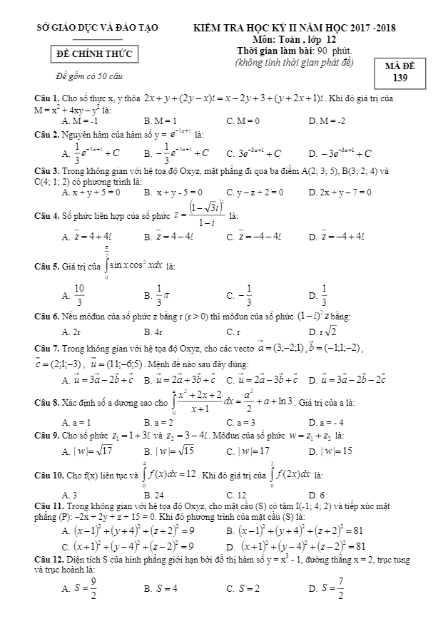 Đề kiểm tra học kỳ II lớp 12 môn Toán năm 2017 2018 sở GD và ĐT Bình Dương
