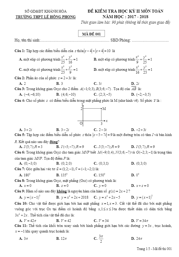 Đề kiểm tra học kỳ II lớp 12 môn Toán năm 2017 2018 trường THPT Lê Hồng Phong Khánh Hòa