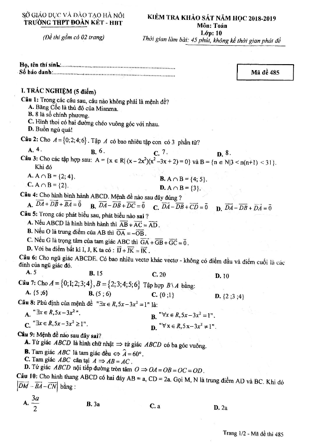 Đề kiểm tra khảo sát lớp 10 môn Toán năm 2018 2019 trường THPT Đoàn Kết HBT Hà Nội