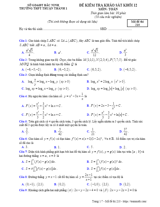 Đề kiểm tra khảo sát lớp 12 môn Toán năm 2018 2019 trường Thuận Thành 1 Bắc Ninh