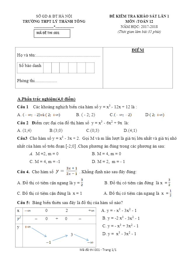 Đề kiểm tra khảo sát lớp 12 môn Toán trường THPT Lý Thánh Tông Hà Nội lần 1