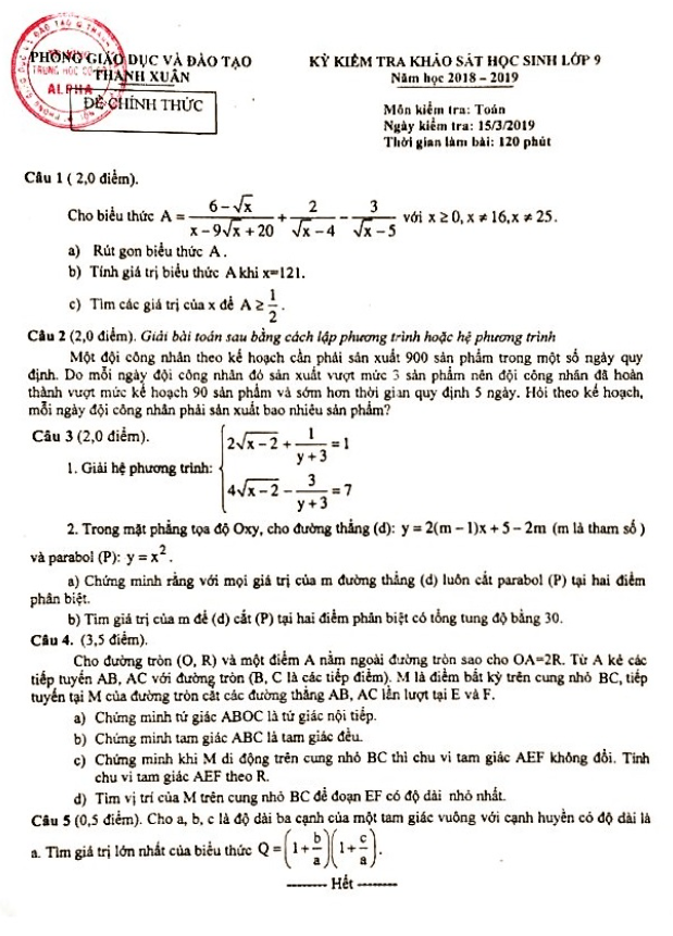 Đề kiểm tra khảo sát lớp 9 môn Toán năm 2018 2019 phòng GD ĐT Thanh Xuân Hà Nội