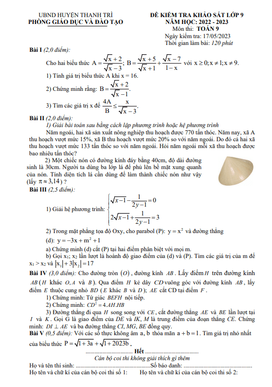 Đề kiểm tra khảo sát lớp 9 môn Toán năm 2022 2023 phòng GD ĐT Thanh Trì Hà Nội
