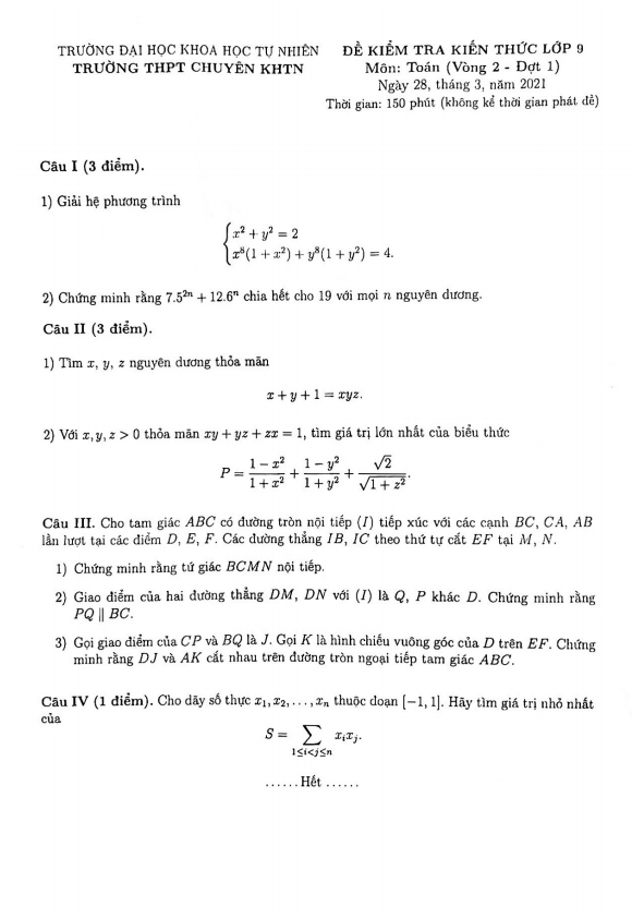 Đề kiểm tra kiến thức lớp 9 môn Toán đợt 1 năm 2021 trường chuyên KHTN Hà Nội (Vòng 2)