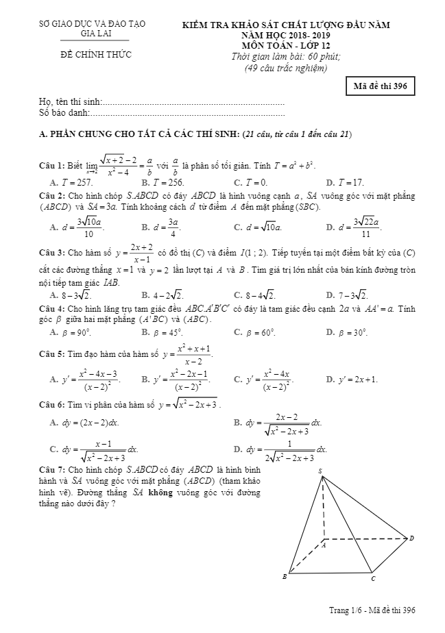 Đề kiểm tra KSCL đầu năm 2018 2019 lớp 12 môn Toán sở GD và ĐT Gia Lai