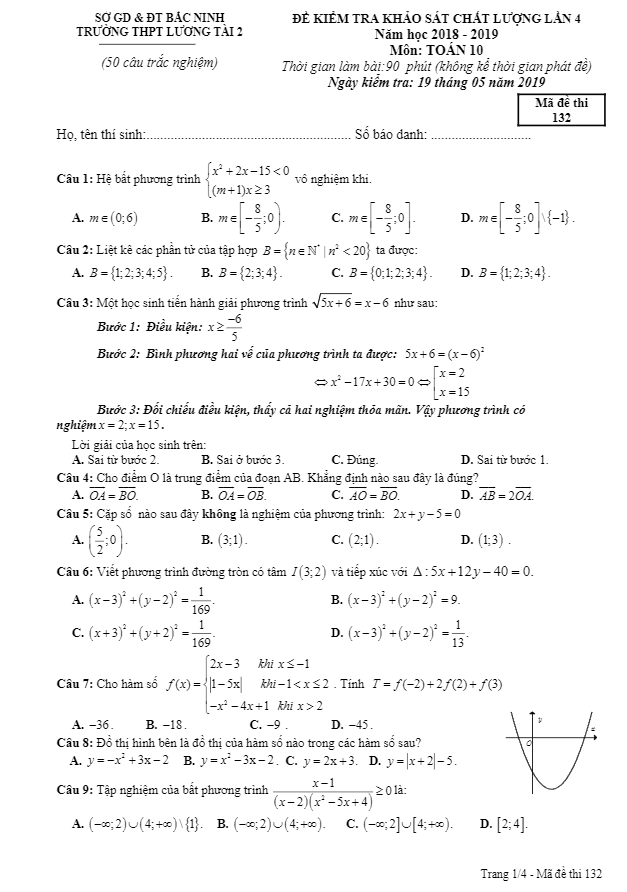 Đề kiểm tra KSCL lớp 10 môn Toán năm 2018 2019 lần 4 trường Lương Tài 2 Bắc Ninh