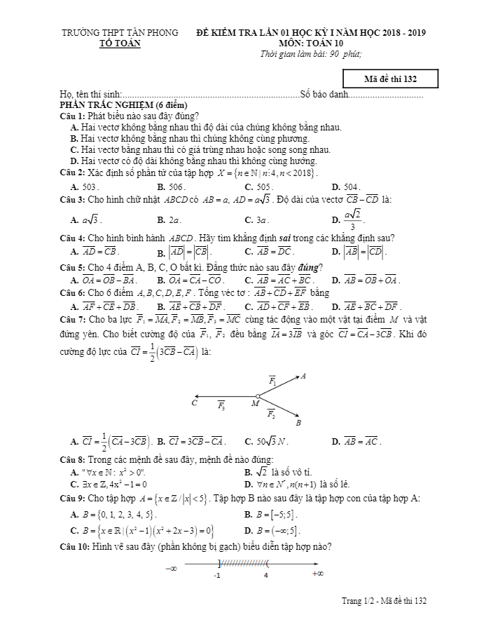 Đề kiểm tra lần 1 học kì 1 (HK1) lớp 10 môn Toán năm 2018 2019 trường THPT Tân Phong Bạc Liêu