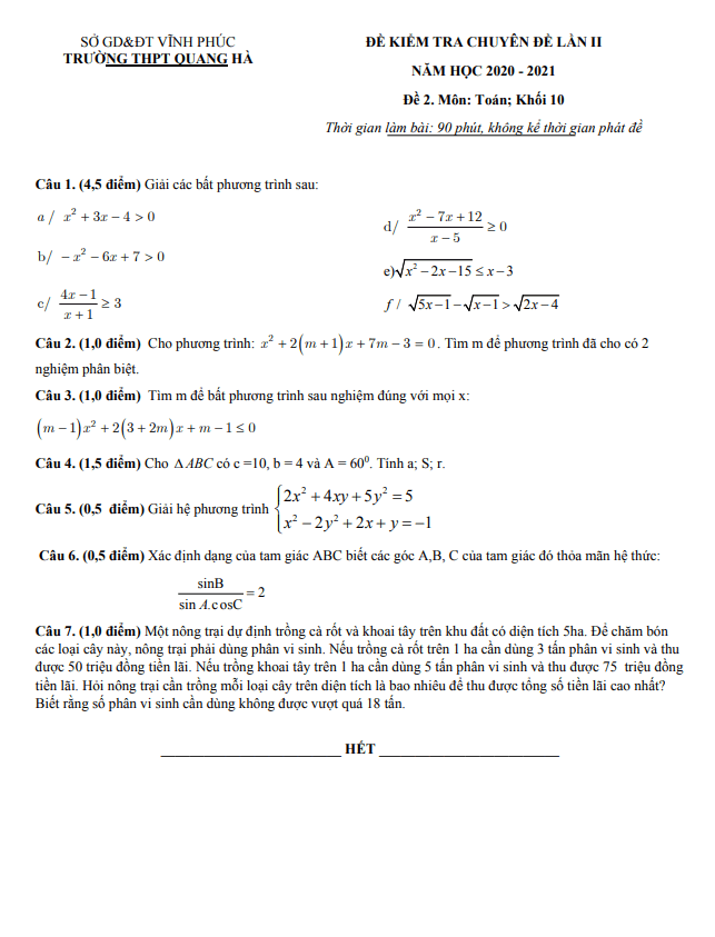 Đề kiểm tra lớp 10 môn Toán lần 2 năm 2020 2021 trường THPT Quang Hà Vĩnh Phúc