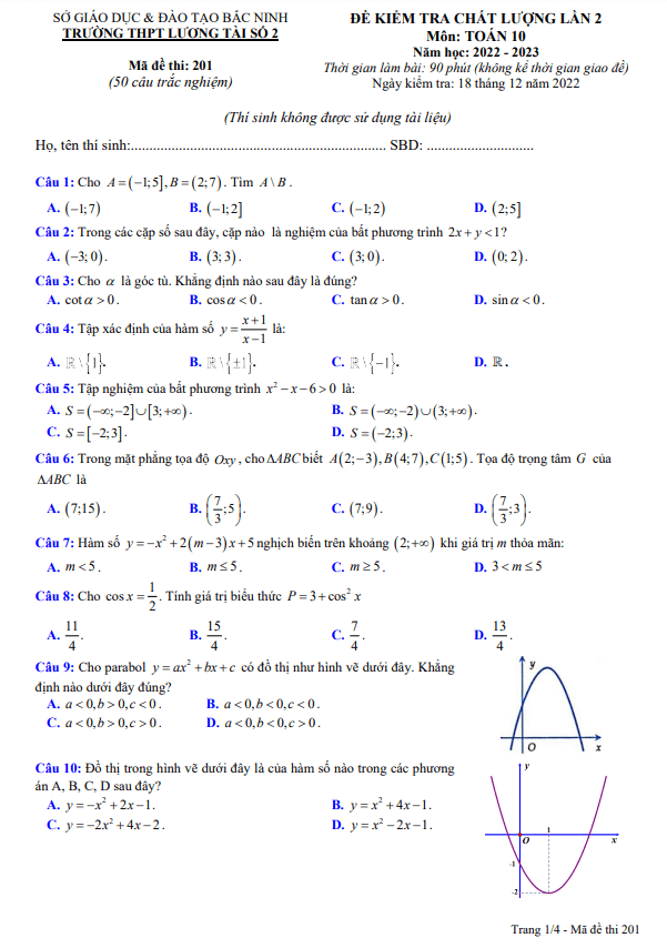 Đề kiểm tra lớp 10 môn Toán lần 2 năm 2022 2023 trường THPT Lương Tài 2 Bắc Ninh
