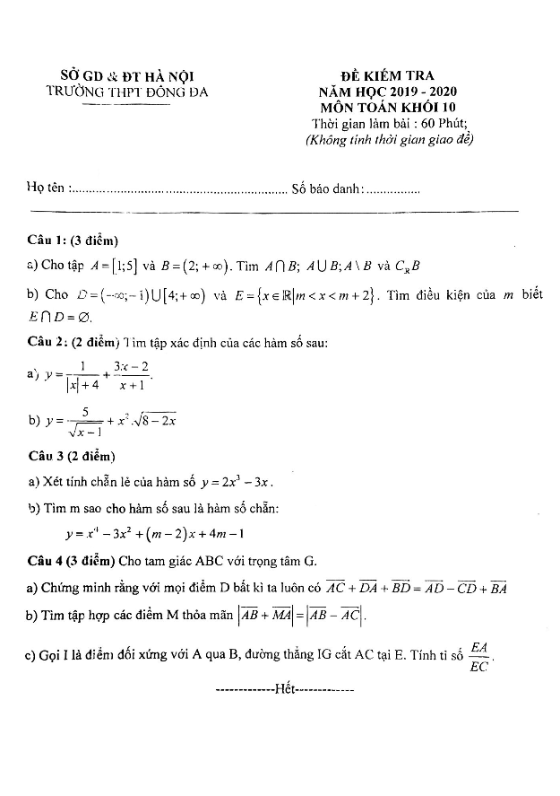 Đề kiểm tra lớp 10 môn Toán năm học 2019 2020 trường THPT Đống Đa Hà Nội