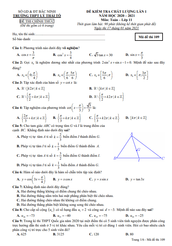Đề kiểm tra lớp 11 môn Toán lần 1 năm 2020 2021 trường THPT Lý Thái Tổ Bắc Ninh