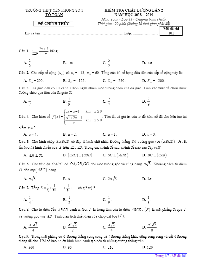 Đề kiểm tra lớp 11 môn Toán lần 2 năm 2018 2019 trường Yên Phong 1 Bắc Ninh
