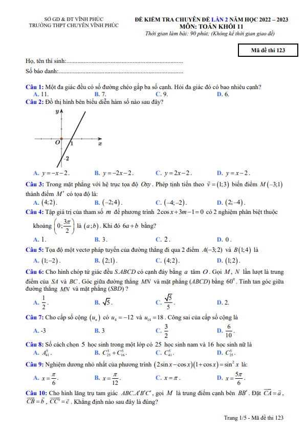 Đề kiểm tra lớp 11 môn Toán lần 2 năm 2022 2023 trường THPT chuyên Vĩnh Phúc