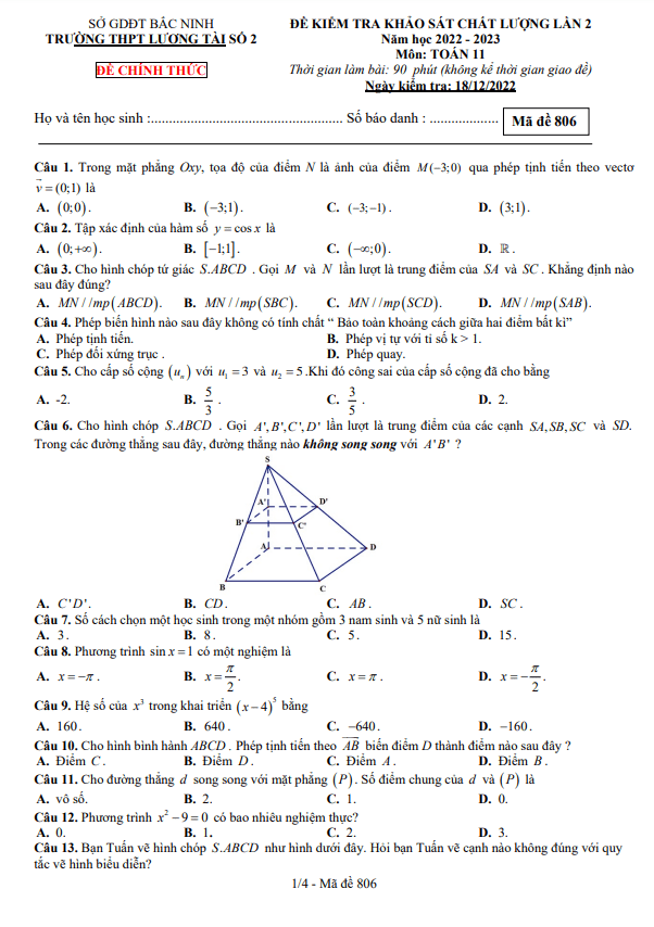 Đề kiểm tra lớp 11 môn Toán lần 2 năm 2022 2023 trường THPT Lương Tài 2 Bắc Ninh