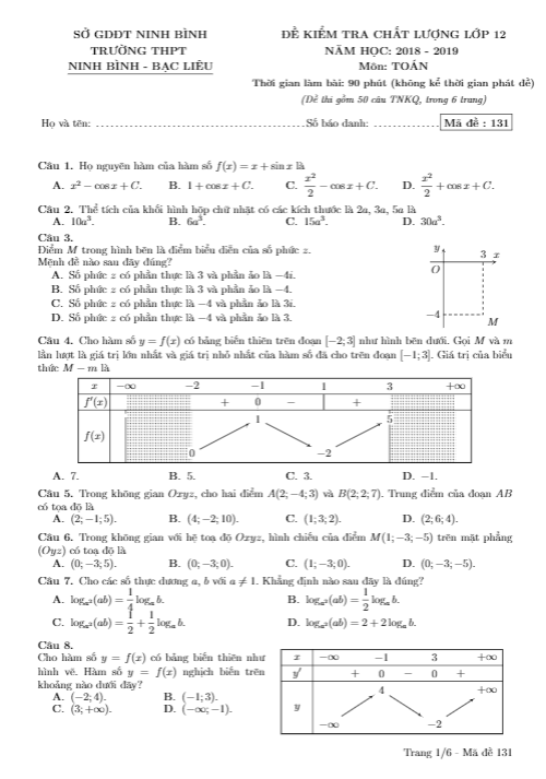 Đề kiểm tra lớp 12 môn Toán năm 2018 2019 lần 3 trường Ninh Bình Bạc Liêu Ninh Bình