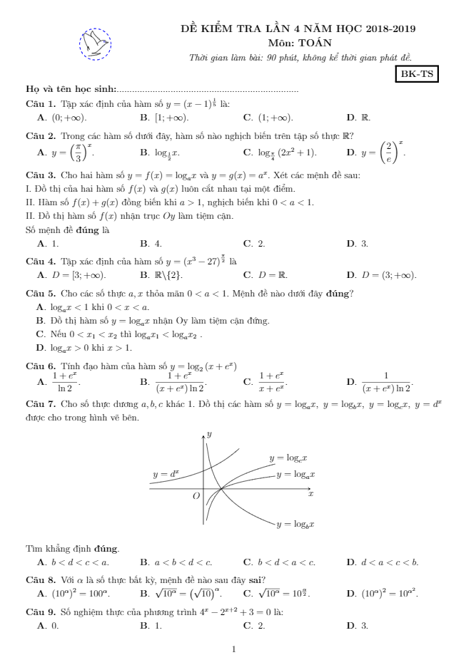Đề kiểm tra lớp 12 môn Toán năm 2018 2019 trường THCS và THPT Nguyễn Khuyến Bình Dương lần 4