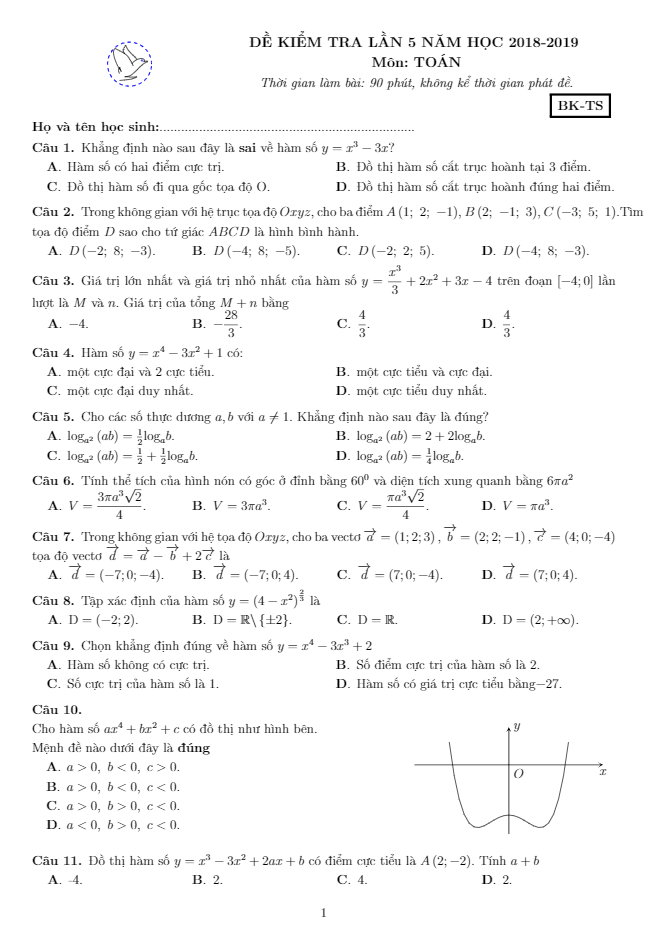 Đề kiểm tra lớp 12 môn Toán năm 2018 2019 trường THCS và THPT Nguyễn Khuyến Bình Dương lần 5