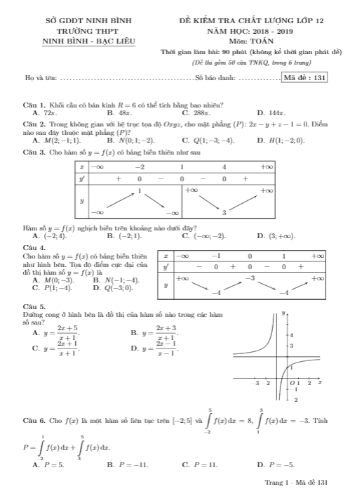 Đề kiểm tra lớp 12 môn Toán năm 2018 – 2019 lần 4 trường Ninh Bình – Bạc Liêu – Ninh Bình